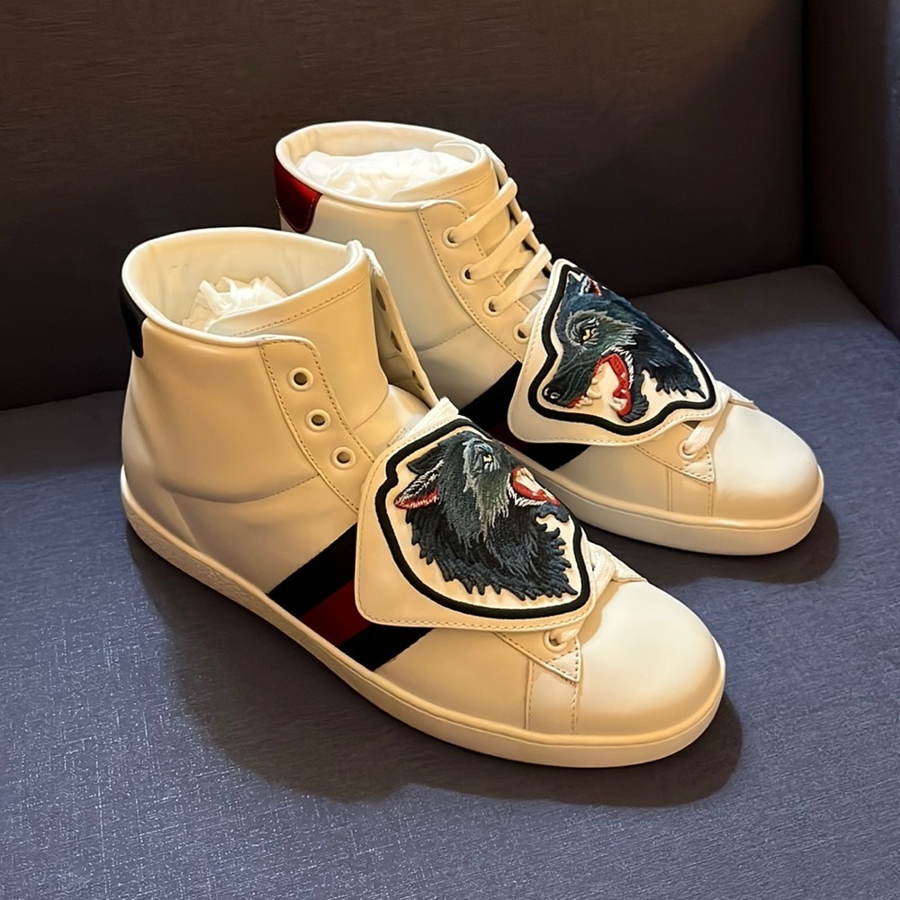 ONE DAY SALE!!! Gucci men’s GG web logo wolf patch ace high top sneakers NWB - Picture 4 of 10